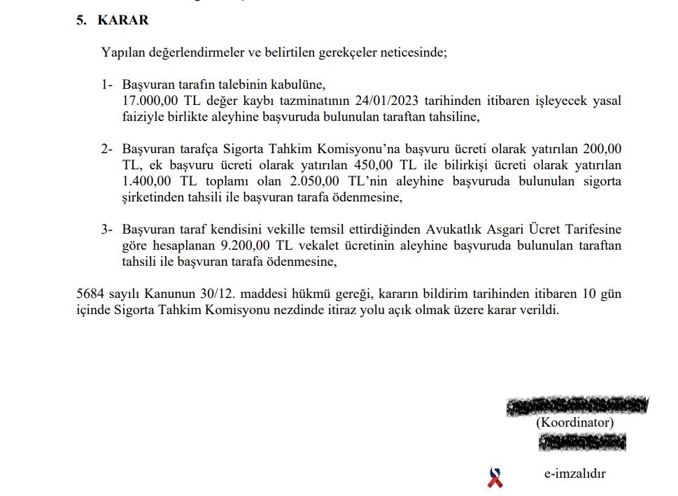 Araç Değer Kaybı Tazminat Sigorta Tahkim Komisyonuna Yaptığımızın Müracaatımıza Verilen Karar