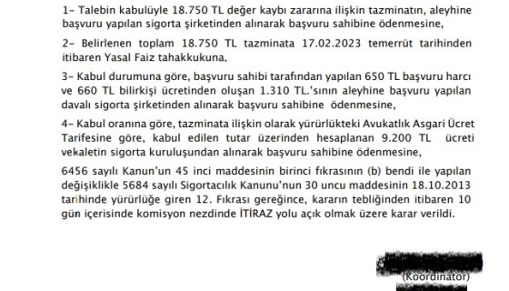 Araç Değer Kaybını İstediğimiz Tutarda Ödemeyen Sigorta Şirketinden Sigorta Tahkim Komisyonu Başvurumuz ile Tahsilat ettik