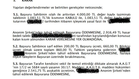 Araç Hasar Kaybı Tazminatı Sigorta Tahkim Komisyonu Hakem Kararı